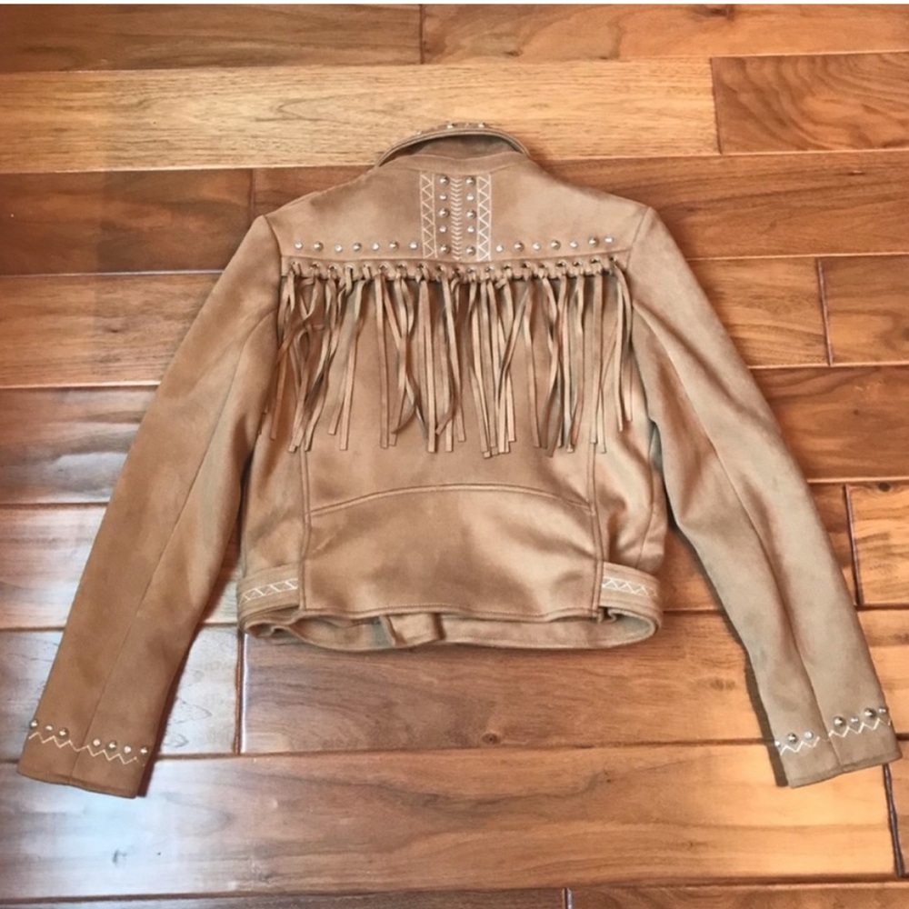 Zara Faux Suede Fringe Biker Jacket Stud Detail small EUC - Picture 15 of 16